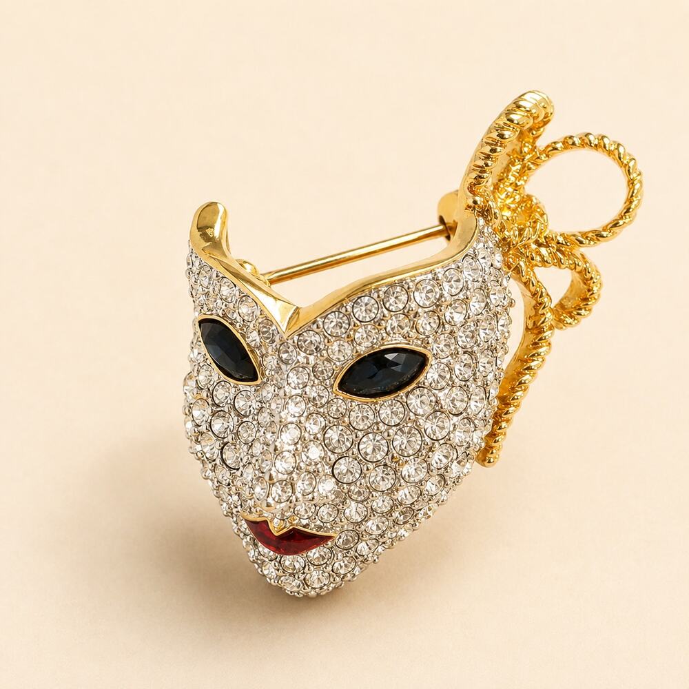 Vintage Swarovski Crystal Masquerade Mask Brooch Gold Tone